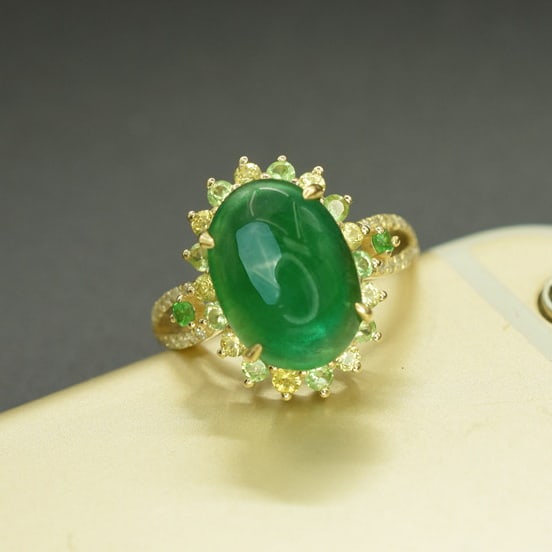 14k Gold 5.21 Ctw Natural Emerald & Diamond & Sapphire Ring: Ref:231079029 // gold content:14k gold // ring size:7. 25 us // // main gemstone:emerald // shape:oval // carat weight:5. 02ct // color:green // treatment:natural // // adjacent gemstone 2 : diamond /