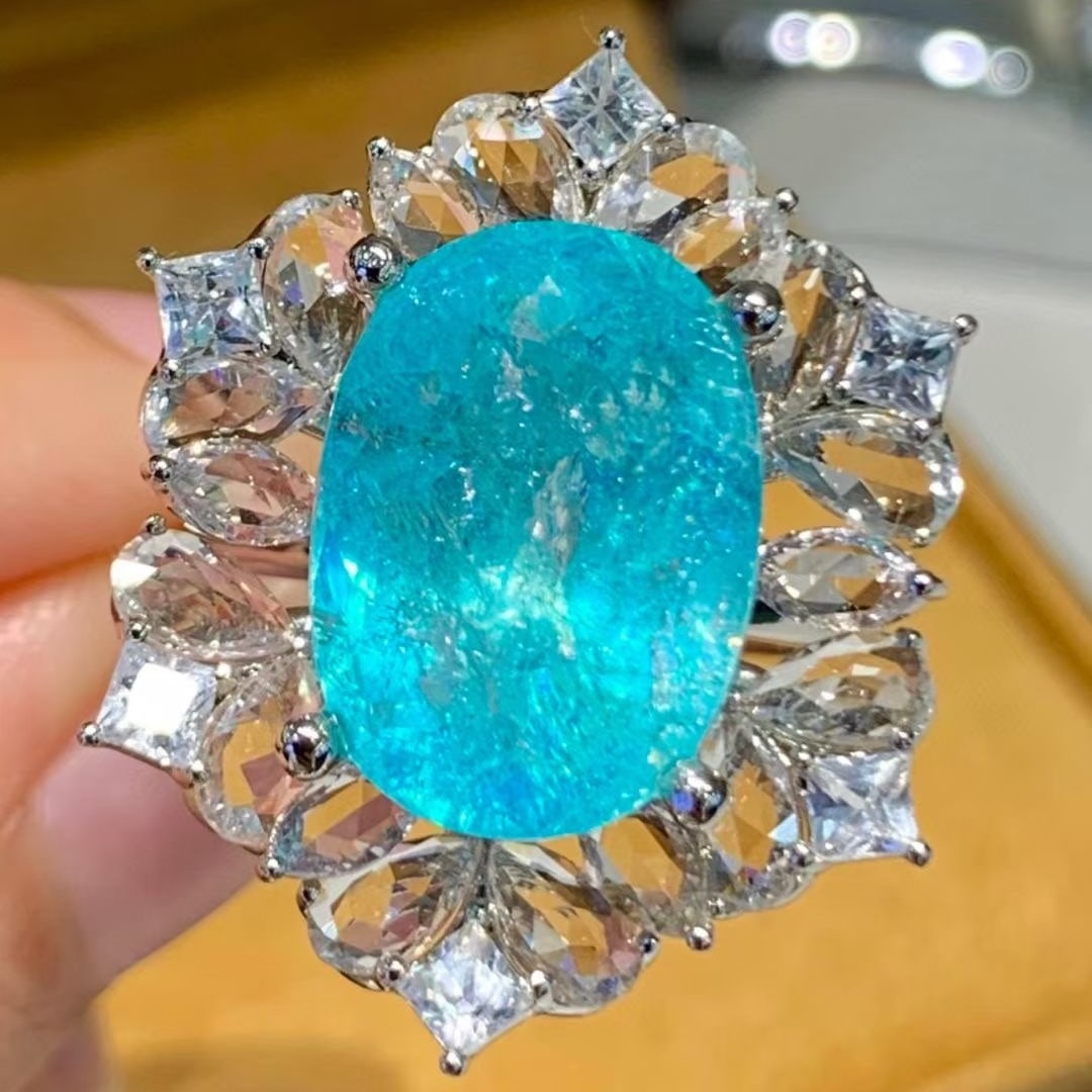 14k Gold 10.2 Ct Natural Paraiba Tourmaline & Sapphire Ring - 2