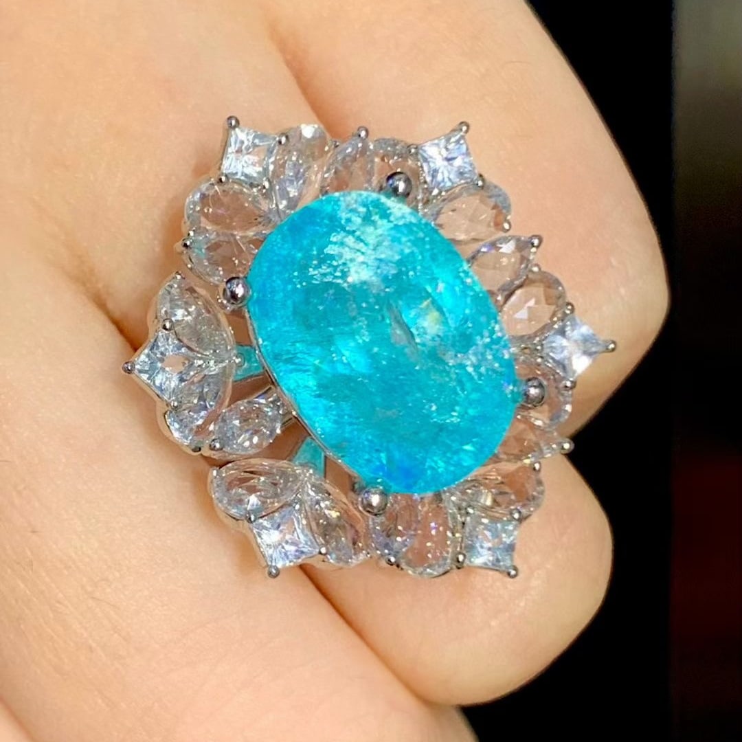 14k Gold 10.2 Ct Natural Paraiba Tourmaline & Sapphire Ring - 4