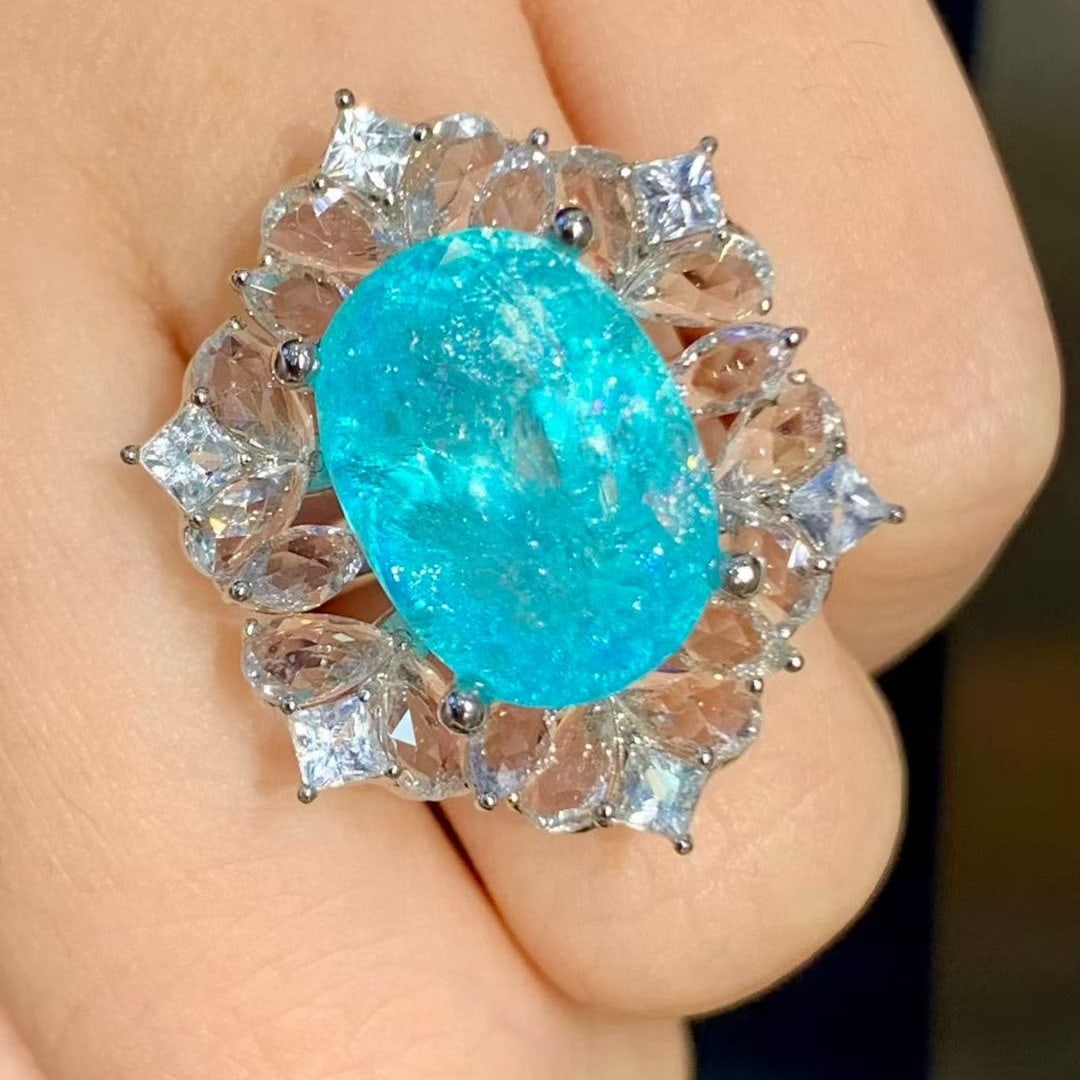 14k Gold 10.2 Ct Natural Paraiba Tourmaline & Sapphire Ring - 5