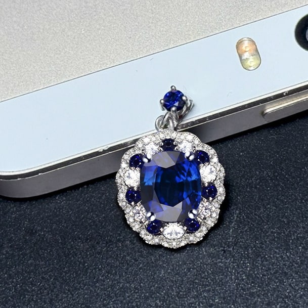14k Gold 2.75 Ctw Natural Sapphire & Diamond & Sapphire Pendant( Without Chain ): Ref:231079103 // gold content:14k gold // main gemstone:sapphire // shape:oval // carat weight:2. 36ct // color:blue // treatment:natural // // adjacent gemstone 2 : diamond // number of stones:42