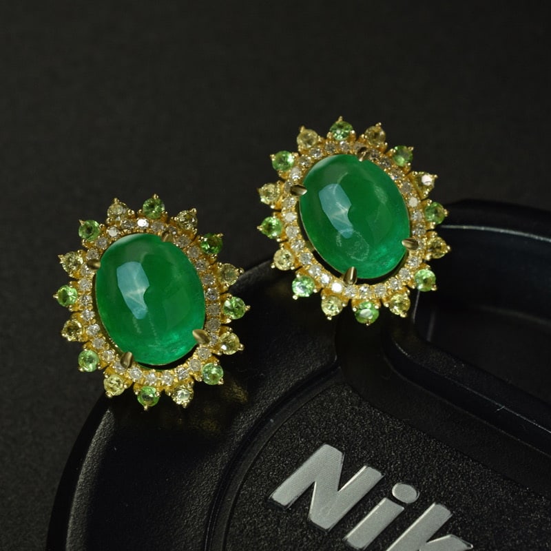 14k Gold 3.61 Ctw Natural Emerald & Diamond & Tsavorite Earrings: Ref:231079105 // gold content:14k gold // main gemstone:emerald // shape:oval // carat weight:3. 32ct // color:green // treatment:natural // // adjacent gemstone 2 : diamond // number of stones:40 //