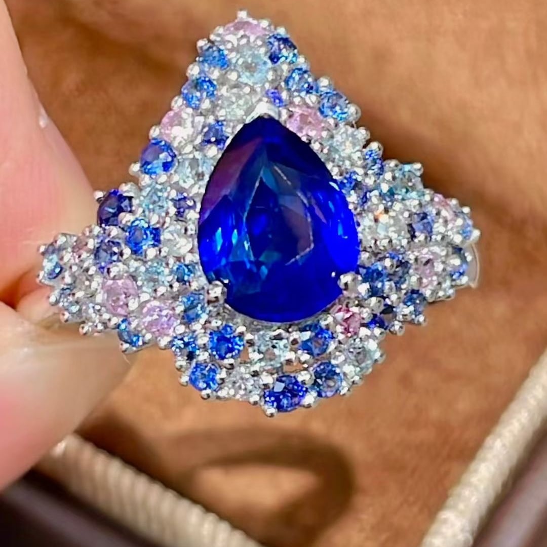 14k Gold 1.59 Ct Natural Sapphire & Diamond & Sapphire Ring: Ref:231079137 // gold content:14k gold // ring size:7. 25 us // // main gemstone:sapphire // shape:pear // carat weight:1. 59ct // color:blue // treatment:natural // // adjacent gemstone 2 :