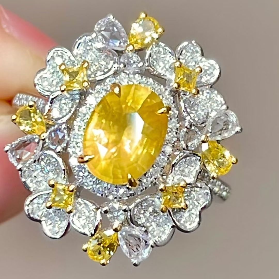 14k Gold 1.6 Ctw Natural Sapphire & Diamond Ring: Ref:231079142 // gold content:14k gold // ring size:7. 25 us // // main gemstone:sapphire // shape:oval // carat weight:1. 3ct // color:yellow // treatment:natural // // adjacent gemstone 2 :