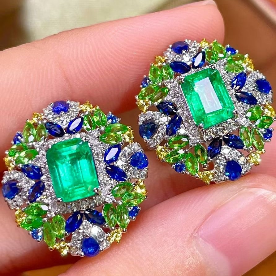 14k Gold 4.35 Ctw Natural Emerald & Diamond & Coloured Gemstone Earrings (1 of 8)
