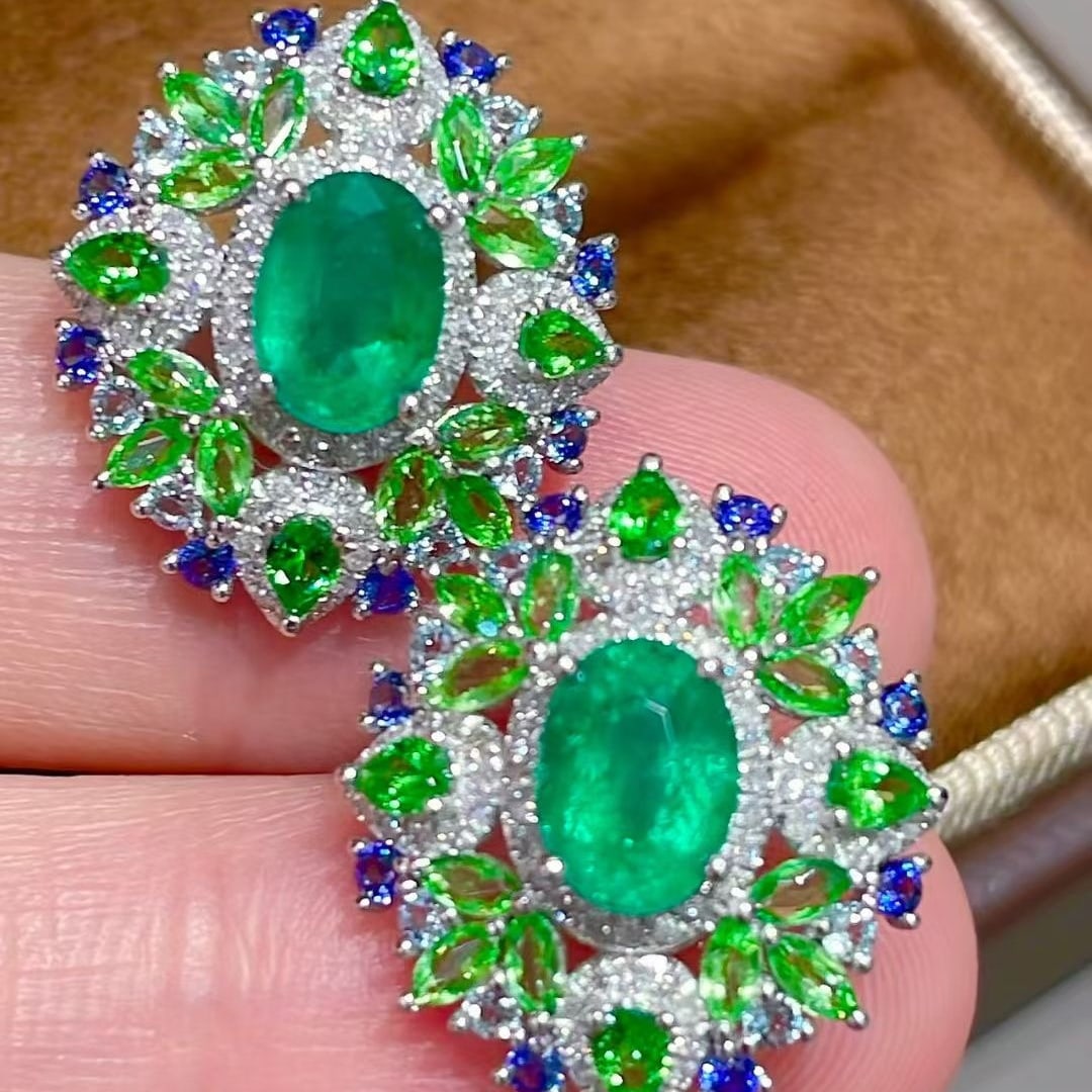 14k Gold 2 Ct Natural Emerald & Diamond & Coloured Gemstone Earrings (1 of 7)