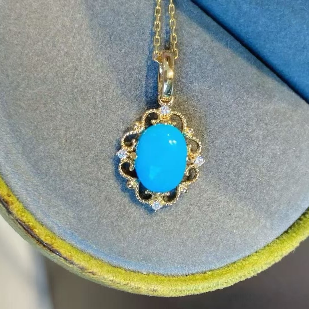 14k Gold 1.33 Ctw Natural Blue Turquoise & Diamond Pendant( Without Chain ) (1 of 5)