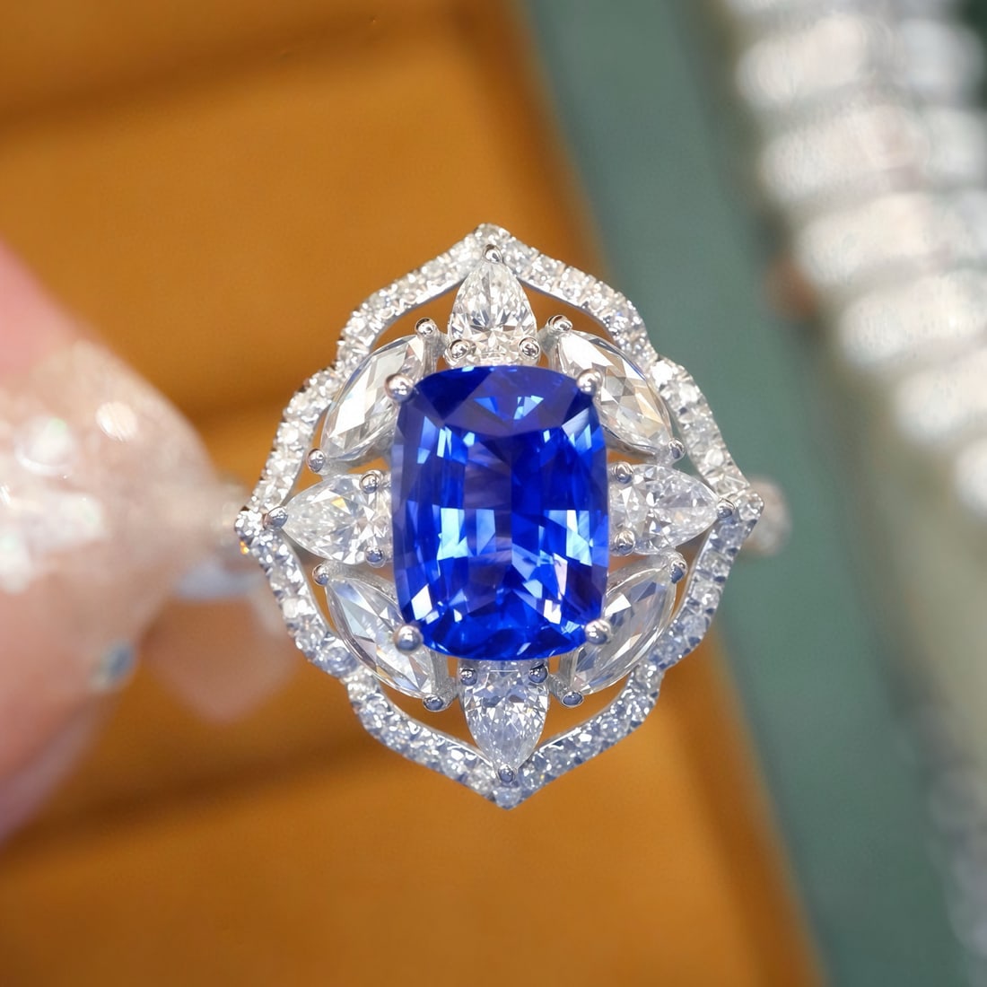 14k Gold 2.75 Ctw Natural Sapphire & Diamond Ring: Ref:231079260 // gold content:14k gold // ring size:7. 25 us // // main gemstone:sapphire // shape:cushion // carat weight:2. 02ct // color:blue // treatment:natural // // adjacent gemstone 2 :