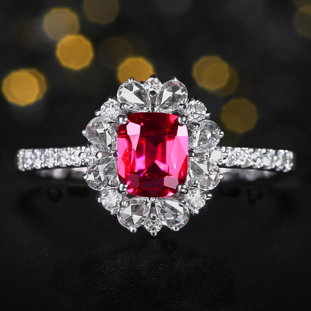 14k Gold 1.11 Ctw Natural Ruby & Diamond Ring: Ref:231080087 // gold content:14k gold // ring size:7. 25us // // main gemstone:ruby // shape:cushion // carat weight:0. 68ct // color:red // treatment:natural // // adjacent gemstone 2 : diamond // n