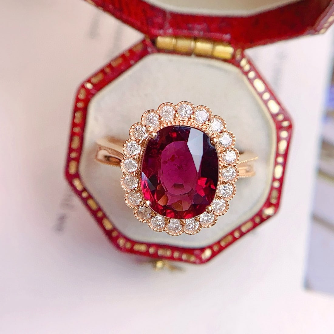 14k Gold 3.00 Ct Natural Tourmaline & Diamond Ring: Ref:231080110 // gold content:14k gold // ring size:7. 25us // // main gemstone:tourmaline // shape:oval // carat weight:3. 00ct // color:red // treatment:natural // // adjacent gemstone 2 :