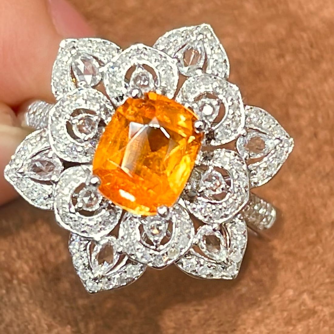 14k Gold 1.35 Ct Natural Spessartine & Diamond & Sapphire Ring: Ref:231080145 // gold content:14k gold // ring size:7. 25us // // main gemstone:spessartine // shape:cushion // carat weight:1. 35ct // color:orange // treatment:natural // // adjacent gemstone 2