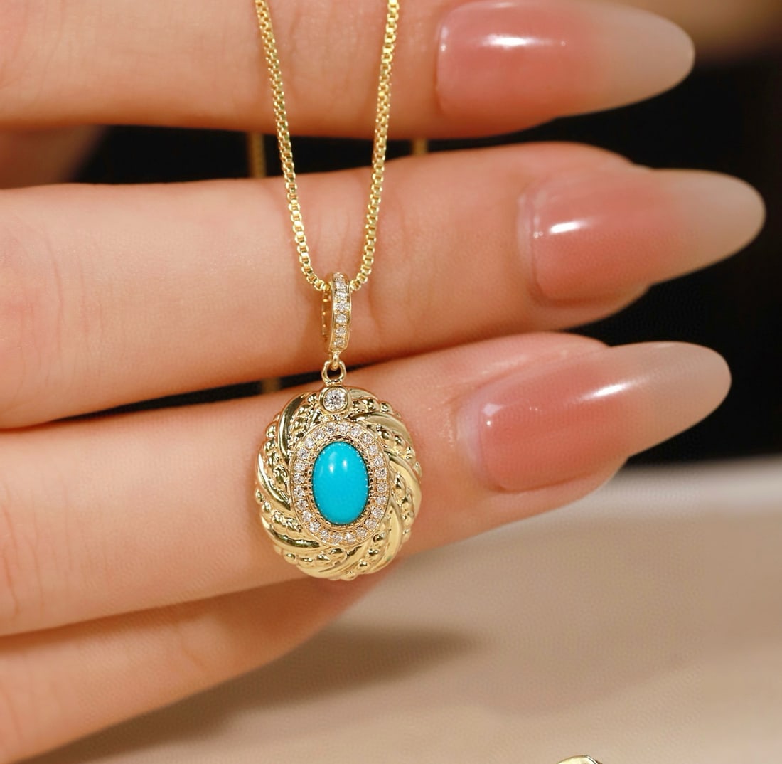 14k Gold 0.5 Ctw Natural Blue Turquoise & Diamond Pendant( Without Chain ): Ref:231080316 // gold content:14k gold // main gemstone:blue turquoise // shape:oval // carat weight:0. 4ct // color:blue // treatment:natural // // adjacent gemstone 2 : diamond // shape:round // car