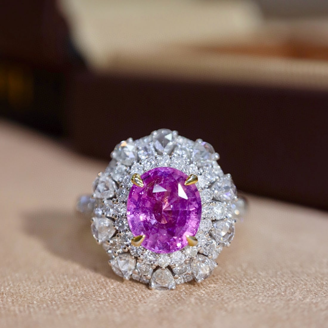 14k Gold 2.98 Ctw Natural Sapphire & Diamond Ring: Ref:231080339 // gold content:14k gold // ring size:7. 25us // // main gemstone:sapphire // shape:oval // carat weight:2. 11ct // color:pink // treatment:natural // // adjacent gemstone 2 :