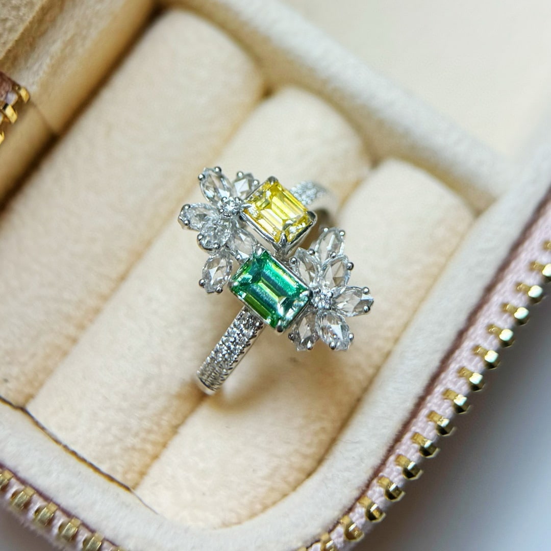 14k Gold 1.88 Ctw Natural Color Diamond & Diamond Ring: Ref:231080355 // gold content:14k gold // ring size:7. 25us // // main gemstone:color diamond // shape:emerald // carat weight:1. 06ct // color:color // treatment:natural // // adjacent gemstone 2