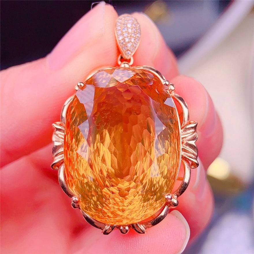 14k Gold 35 Ct Natural Citrine & Diamond Pendant( Without Chain ): Ref:231080387 // gold content:14k gold // main gemstone:citrine // shape:oval // carat weight:35ct // color:yellow // treatment:natural // // adjacent gemstone 2 : diamond // shape:round // clarity