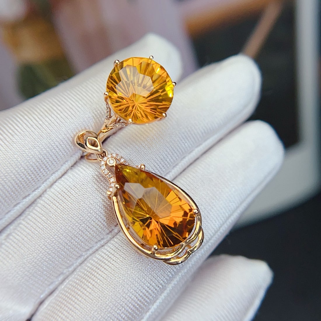 14k Gold 14.60 Ctw Natural Citrine & Diamond Jewelry Set: Ref:231080388 // gold content:14k gold // ring size:7. 25us // // pendant(without chain) // main gemstone:citrine // shape:pear // carat weight:7. 85ct // color:yellow // treatment:natural // //