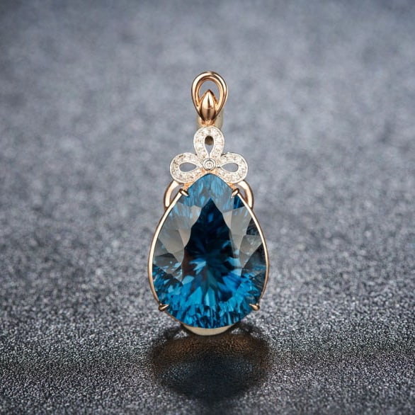 14k Gold 17.35 Ct Natural Topaz & Diamond Pendant( Without Chain ): Ref:231081019 // gold content:14k gold // main gemstone:topaz // shape:pear // carat weight:17. 35ct // color:blue // treatment:natural // // adjacent gemstone 2 : diamond // shape:round // clarity gr
