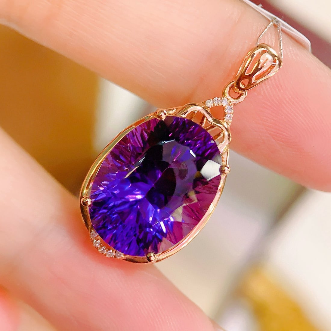14k Gold 9.78 Ctw Natural Amethyst & Diamond Pendant( Without Chain ) - 4
