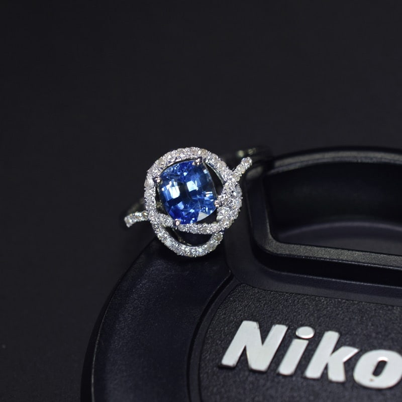 14k Gold 1.25 Ct Natural Sapphire & Diamond Ring: Ref:231081064 // gold content:14k gold // ring size:7. 25us // // main gemstone:sapphire // shape:cushion // carat weight:1. 25ct // color:blue // treatment:natural // // adjacent gemstone 2 :