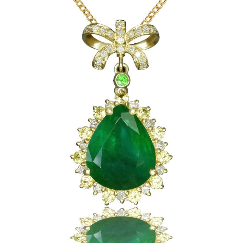 14k Gold 3.78 Ctw Vivid Green Natural Emerald & Diamond Pendant( Without Chain ): Ref:231081106 // gold content:14k gold // main gemstone:emerald // shape:pear // carat weight:3. 52ct // color:vivid green // treatment:natural // // adjacent gemstone 2 : diamond // shape:round // ca