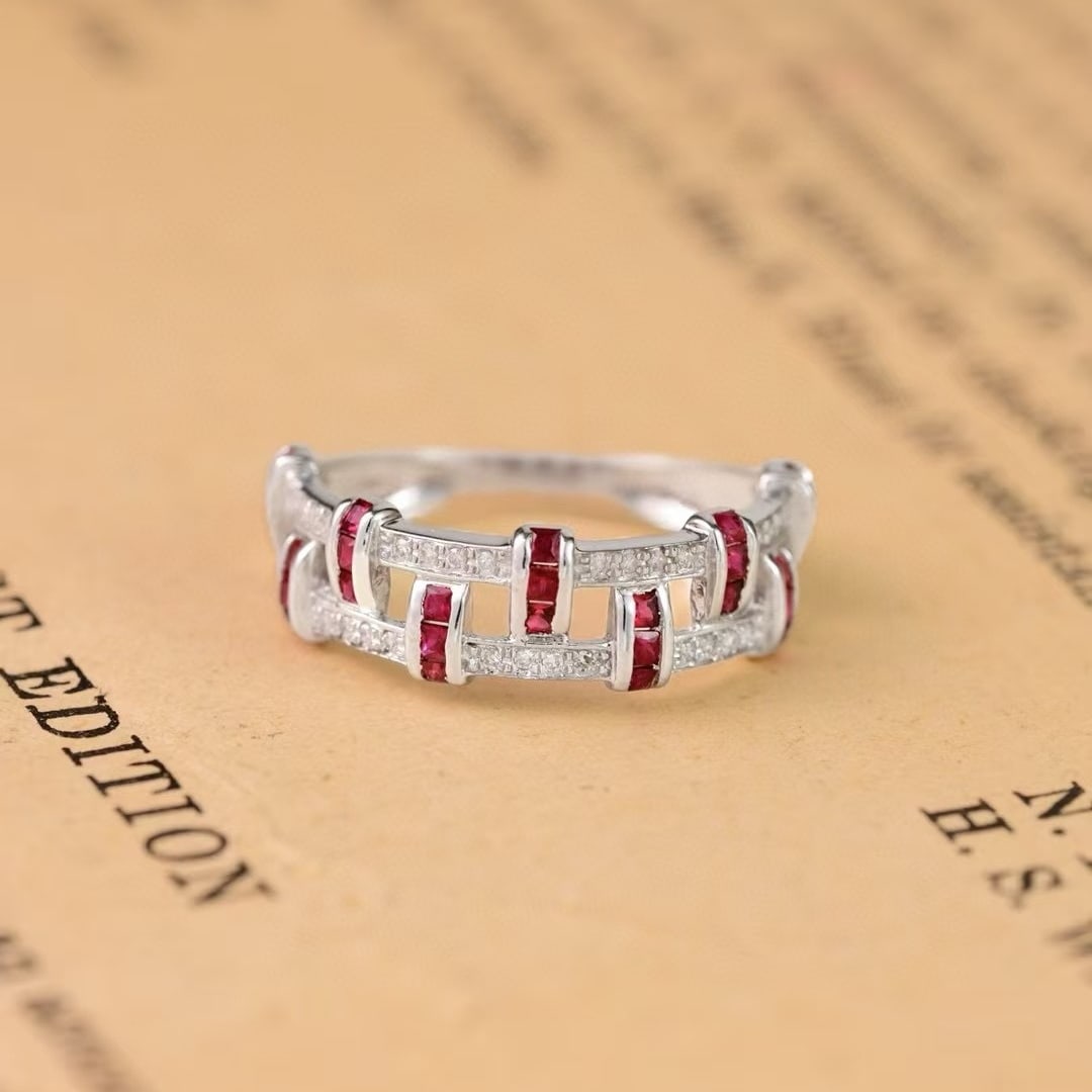 14k Gold 0.88 Ctw Natural Ruby & Diamond Ring: Ref:231081114 // gold content:14k gold // ring size:7. 25us // // main gemstone:ruby // shape:princess // carat weight:0. 75ct // color:red // treatment:natural // // adjacent gemstone 2 : diamond