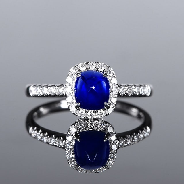 14k Gold 2.02 Ctw Natural Sapphire & Diamond Ring: Ref:231081151 // gold content:14k gold // ring size:7. 25us // // main gemstone:sapphire // shape:sugar-loaf // carat weight:1. 76ct // color:royal blue // treatment:natural // // adjacent