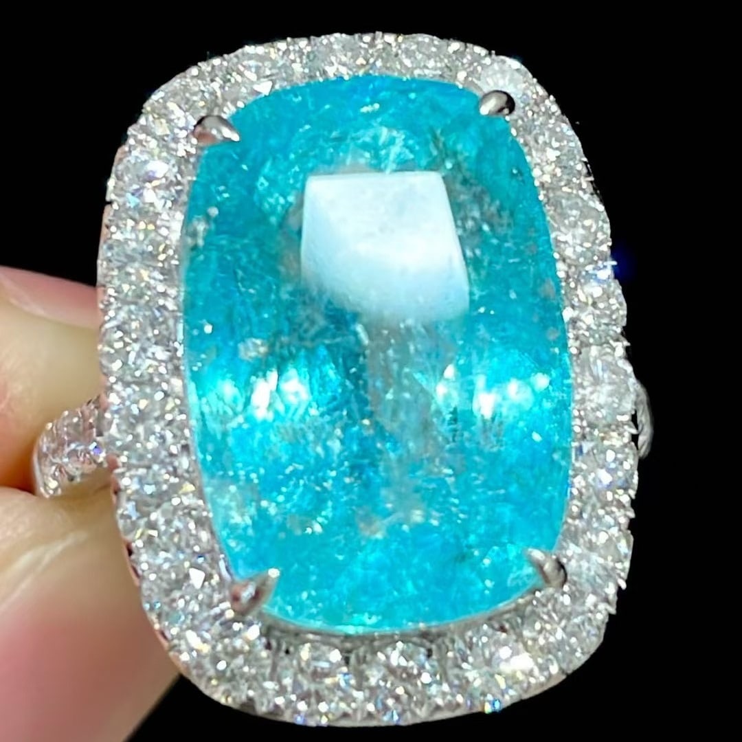 14k Gold 11.9 Ct Natural Paraiba Tourmaline & Diamond Ring - 2