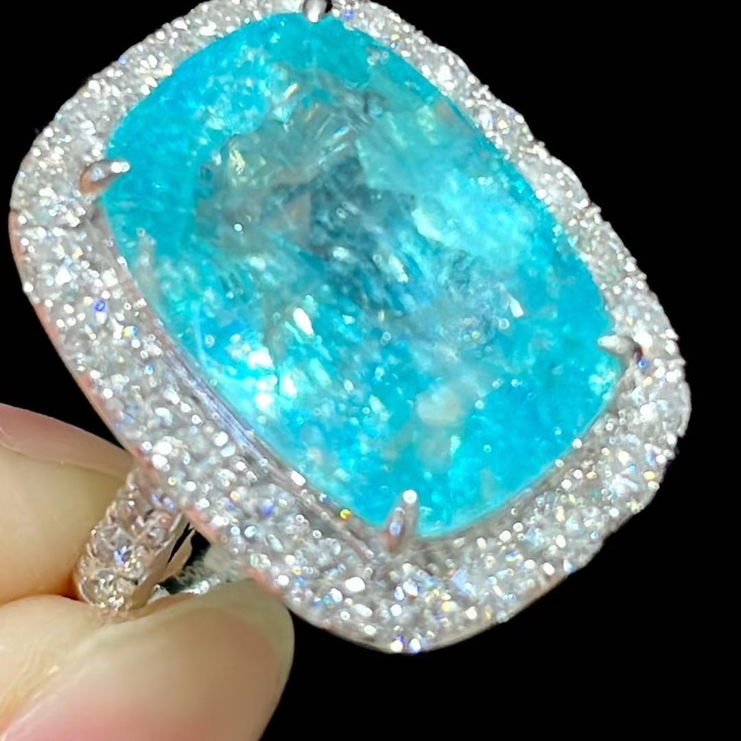 14k Gold 11.9 Ct Natural Paraiba Tourmaline & Diamond Ring - 6