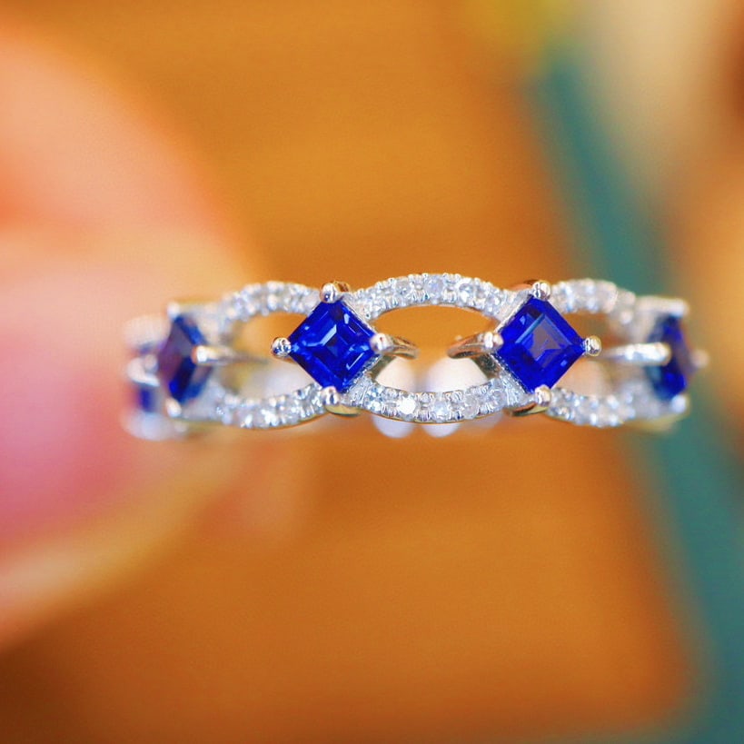 14k Gold 0.88 Ctw Natural Sapphire & Diamond Ring: Ref:231081230 // gold content:14k gold // ring size:7. 25us // // main gemstone:sapphire // shape:square // carat weight:0. 70ct // color:blue // treatment:natural // // adjacent gemstone 2 :