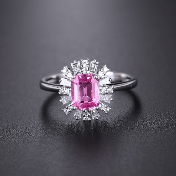 14k Gold 1.42 Ctw Natural Padparadscha Sapphire & Diamond Ring: Ref:231082022 // gold content:14k gold // ring size:7. 25us // // main gemstone:padparadscha sapphire // shape:octagonal // carat weight:1. 07ct // color:orangish pink // treatment:natural // //