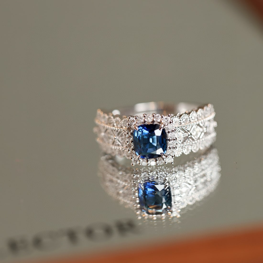 14k Gold 1.72 Ctw Natural Sapphire & Diamond Ring: Ref:231082033 // gold content:14k gold // ring size:7. 25us // // main gemstone:sapphire // shape:cushion // carat weight:1. 25ct // color:blue // treatment:natural // // adjacent gemstone 2 :