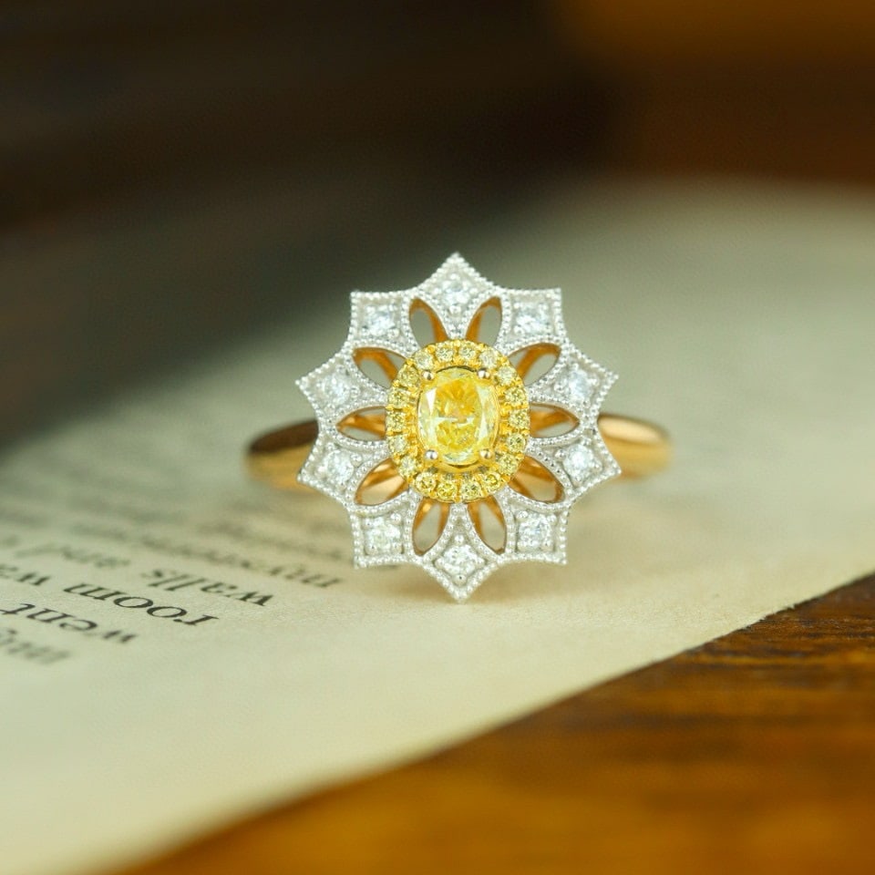 14k Gold 0.43 Ctw Natural Yellow Diamond & Diamond Ring: Ref:231082073 // gold content:14k gold // ring size:7. 25us // // main gemstone:yellow diamond // shape:oval // carat weight:0. 25ct // color:yellow // treatment:natural // // adjacent gemstone 2