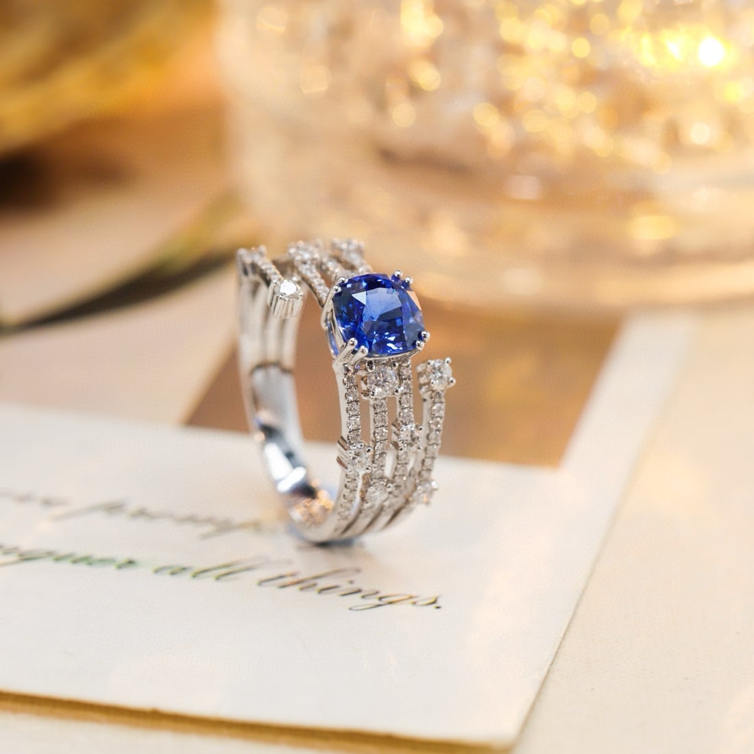 14k Gold 1.70 Ctw Natural Sapphire & Diamond Ring: Ref:231082074 // gold content:14k gold // ring size:7. 25us // // main gemstone:sapphire // shape:cushion // carat weight:1. 26ct // color:cornflower blue // treatment:natural // // adjacent