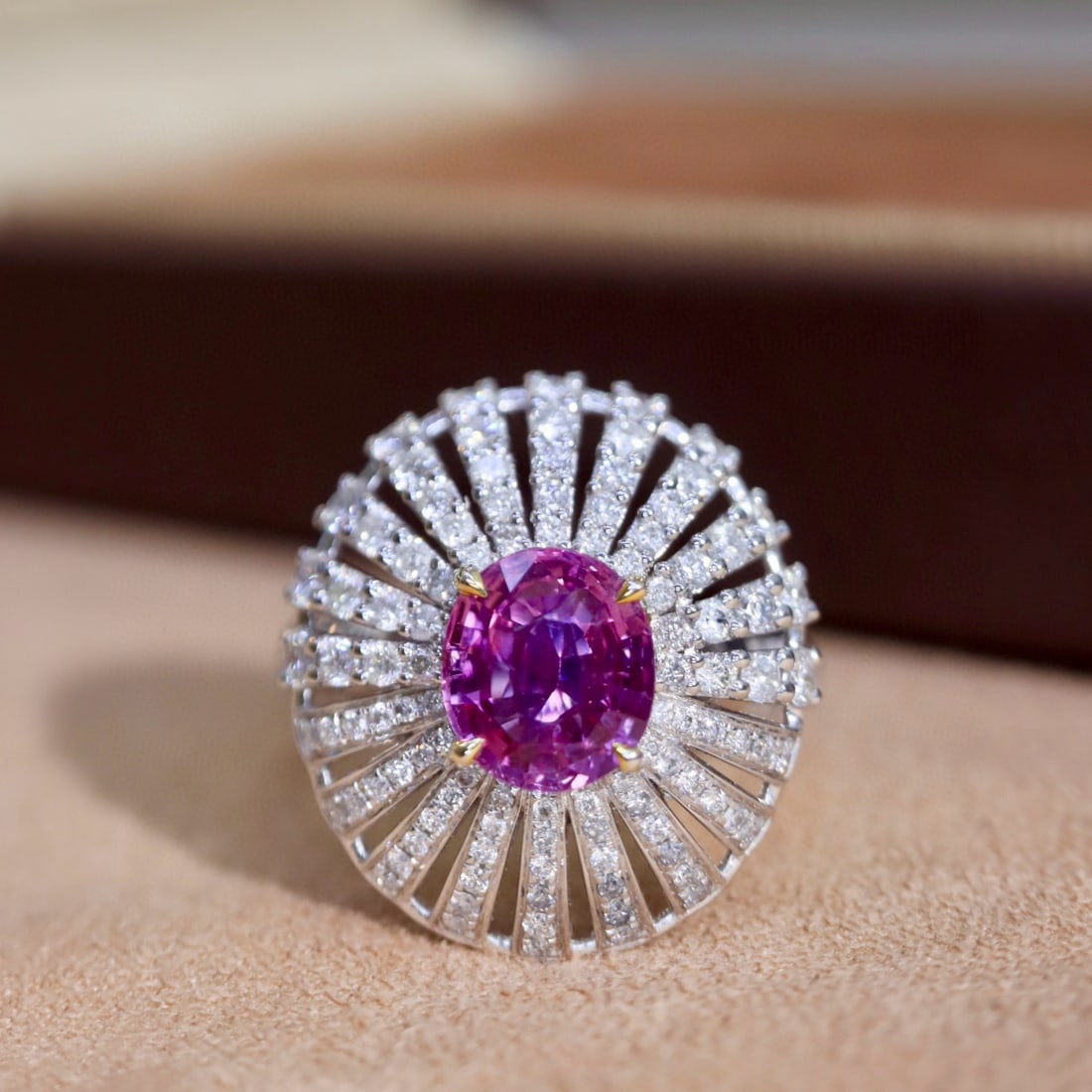 14k Gold 2.59 Ctw Natural Sapphire & Diamond Ring: Ref:231082101 // gold content:14k gold // ring size:7. 25us // // main gemstone:sapphire // shape:oval // carat weight:1. 60ct // color:pink // treatment:natural // // adjacent gemstone 2 :