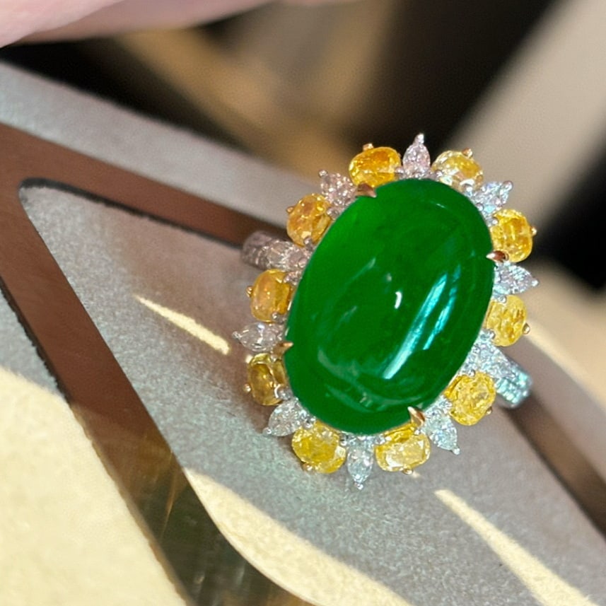 14k Gold 8.28 Ct Vivid Green Natural Emerald & Diamond & Yellow Diamond Ring: Ref:231082110 // gold content:14k gold // ring size:7. 25us // // main gemstone:emerald // shape:oval // carat weight:8. 28ct // color:vivid green // treatment:natural // // adjacent gemstone 2 :