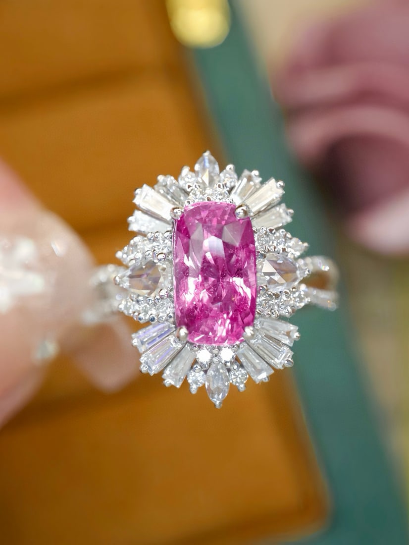 14k Gold 2.77 Ctw Natural Padparadscha Sapphire & Diamond Ring: Ref:231082184 // gold content:14k gold // ring size:7. 25us // // main gemstone:padparadscha sapphire // shape:cushion // carat weight:2. 03ct // color:orangish pink // treatment:natural // //