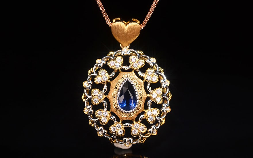 14k Gold 1.62 Ctw Natural Sapphire & Diamond Pendant( Without Chain ): Ref:231082232 // gold content:14k gold // main gemstone:sapphire // shape:pear // carat weight:1. 21ct // color:royal blue // treatment:natural // // adjacent gemstone 2 : diamond // shape:round // ca