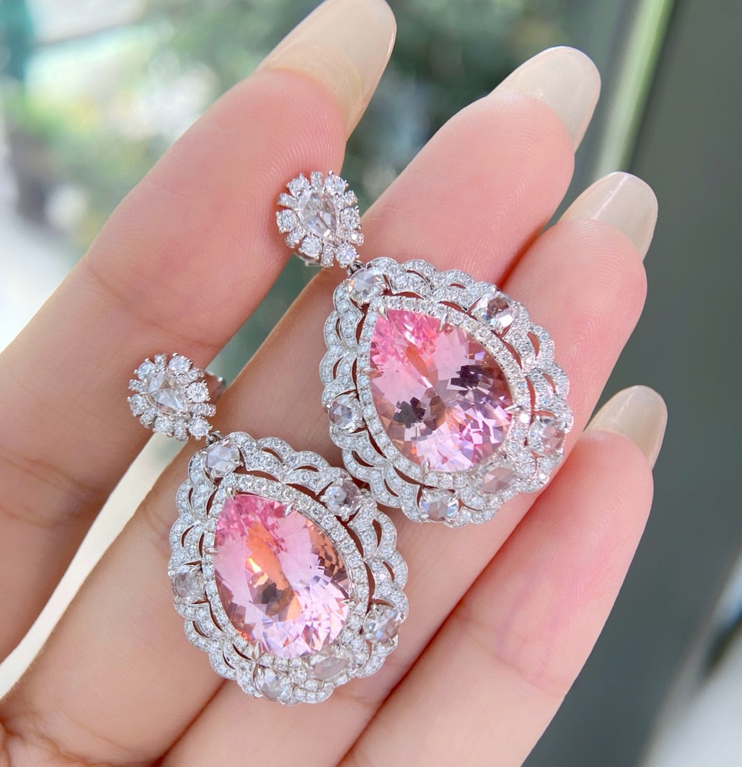 14k Gold 16.31 Ctw Natural Morganite & Diamond Earrings: Ref:231082389 // gold content:14k gold // main gemstone:morganite // shape:pear // carat weight:13. 31ct // color:pink // treatment:natural // // adjacent gemstone 2 : diamond // shape:multiple //