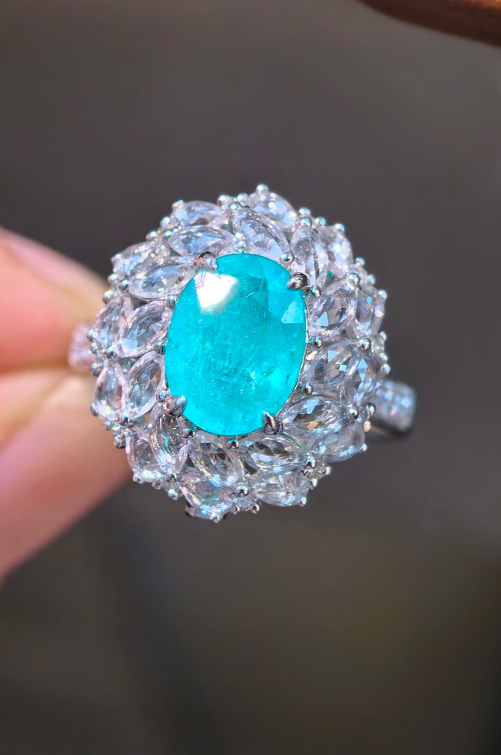 14k Gold 3.41 Ctw Natural Paraiba Tourmaline & Sapphire Ring/pendant( Without Chain ): Ref:231082413 // gold content:14k gold // ring size:7. 25us // // main gemstone:paraiba tourmaline // shape:oval // carat weight:1. 92ct // color:blue // treatment:natural // // adjacent gemstone 2 :