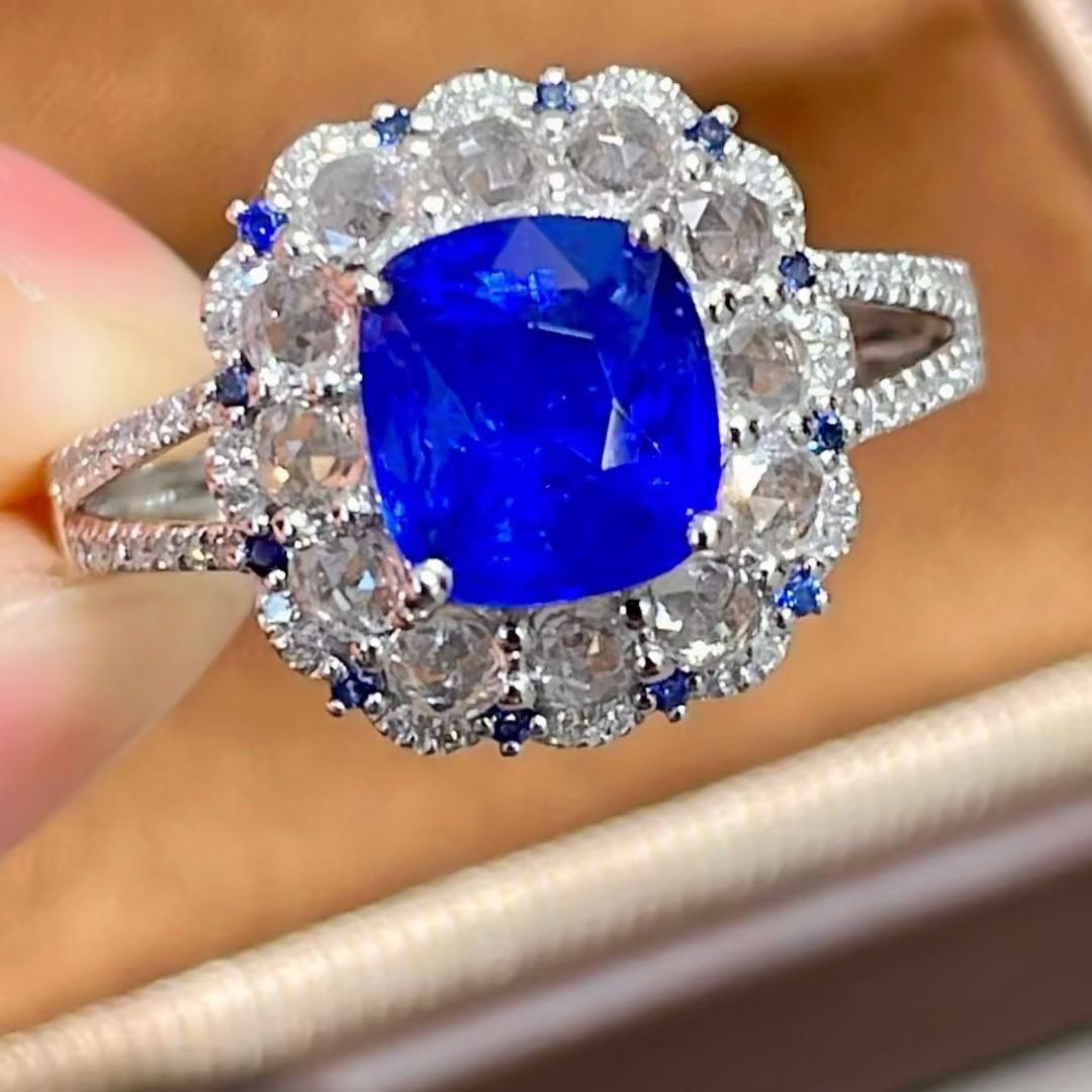 14K GOLD 1.7 CT NATURAL SAPPHIRE & DIAMOND & SAPPHIRE RING: Ref:231083148 // Gold Content:14K Gold // Ring Size:7.25US // // Main Gemstone:Sapphire // Shape:Cushion // Carat Weight:1.7ct // Color:Royal blue // Treatment:Natural // // Adjacent Gemstone 2 :