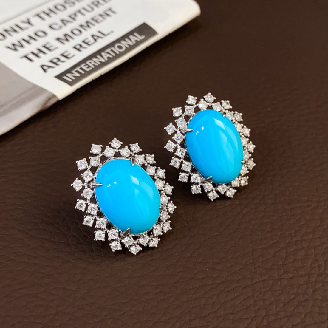 14K GOLD 22.15 CTW NATURAL BLUE TURQUOISE & DIAMOND EARRINGS (1 of 1)