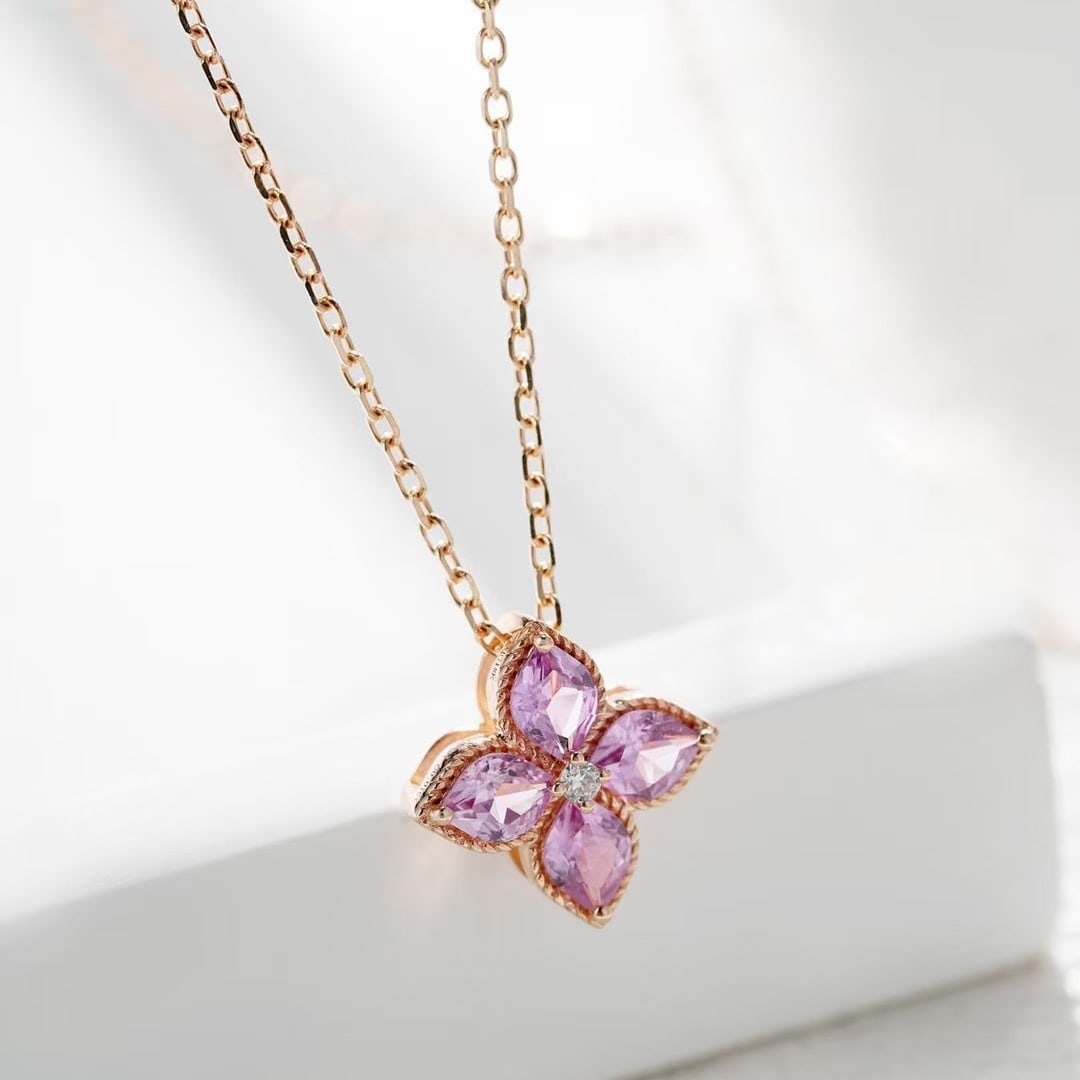 14K GOLD 0.54 CTW NATURAL SAPPHIRE & DIAMOND NECKLACE: Ref:231084241 // Gold Content:14K Gold // Main Gemstone:Sapphire // Shape:Marquise // Carat Weight:0.53ct // Color:Pink // Treatment:Natural // // Adjacent Gemstone 2 : Diamond // Shape:Round //
