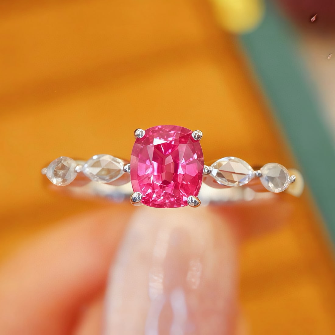 14K GOLD 0.75 CTW NATURAL SPINEL & DIAMOND RING: Ref:231084429 // Gold Content:14K Gold // Ring Size:7.25US // // Main Gemstone:Spinel // Shape:Cushion // Carat Weight:0.65ct // Color:Pink // Treatment:Natural // // Adjacent Gemstone 2 : Diamond //