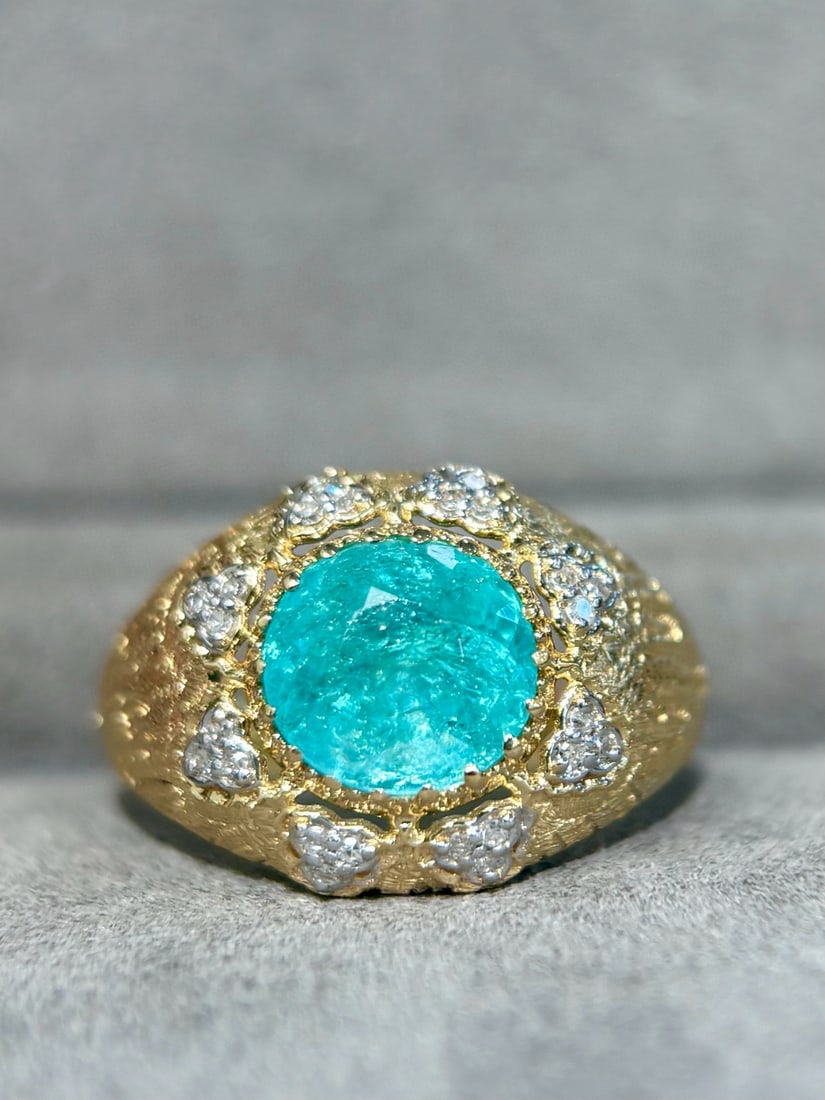 14k Gold 2.15 Ct Natural Paraiba Tourmaline & Diamond Ring: Ref:231111091 // gold content:14k gold // ring size:7. 25us // // main gemstone:paraiba tourmaline // shape:oval // carat weight:2. 15ct // color:blue // treatment:natural // // adjacent gemstone 2 :