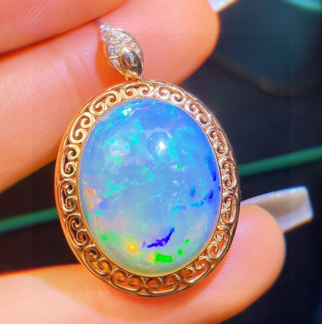 14k Gold 14.23 Ct Natural Opal & Diamond Pendant( Without Chain ) - 5