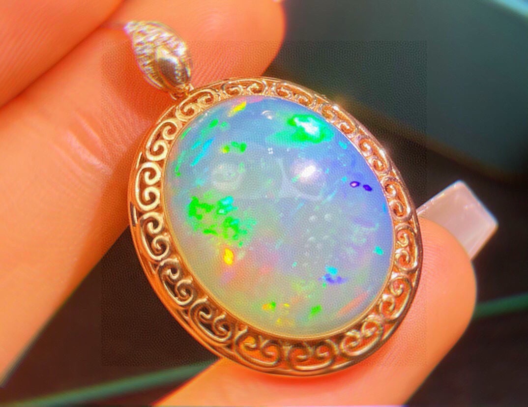 14k Gold 14.23 Ct Natural Opal & Diamond Pendant( Without Chain ) - 6