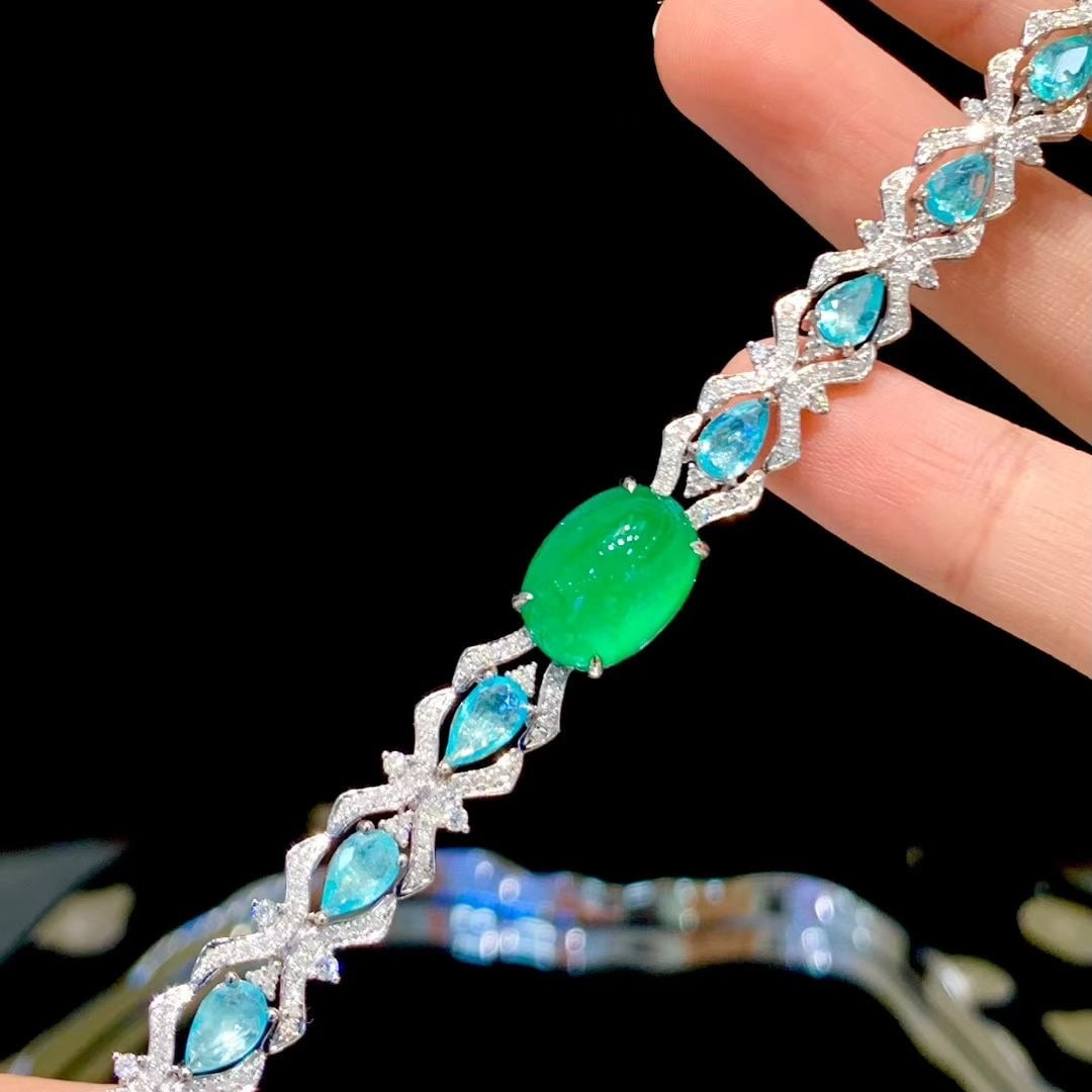 14k Gold 9.1 Ctw Natural Emerald & Paraiba Tourmaline Bracelet - 2