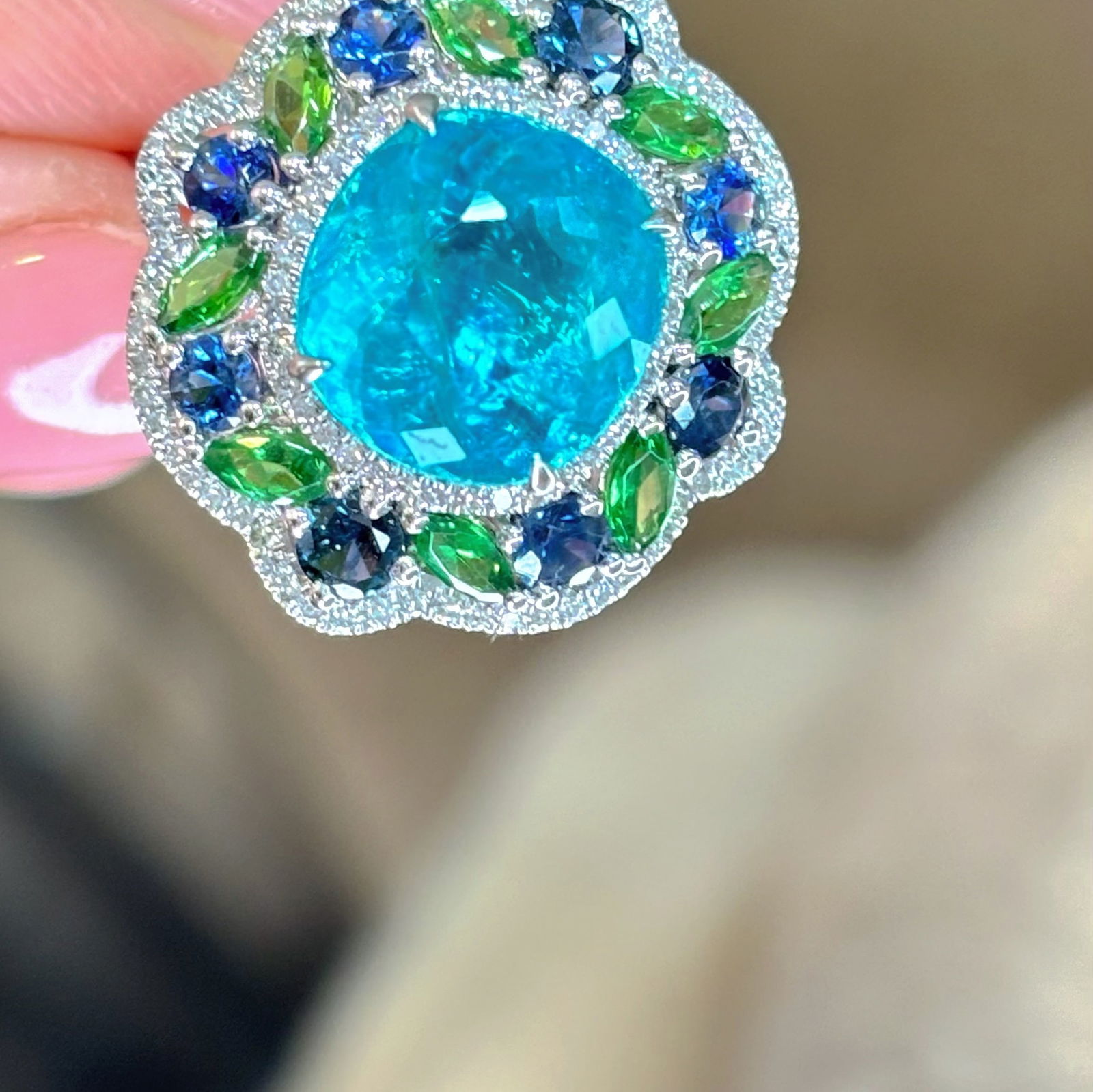 14k Gold 4.02 Ct Natural Paraiba Tourmaline & Diamond Ring: Ref:231112223 // gold content:14k gold // ring size:7. 25us // // main gemstone:paraiba tourmaline // shape:cushion // carat weight:4. 02ct // color:blue // treatment:natural // // adjacent