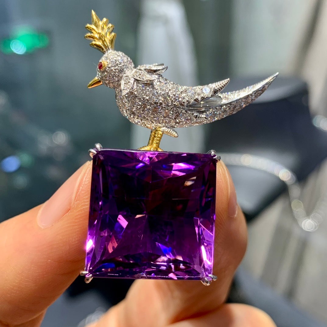 14k Gold 24.68 Ctw Natural Amethyst & Diamond Brooch/pendant( Without Chain ) - 2