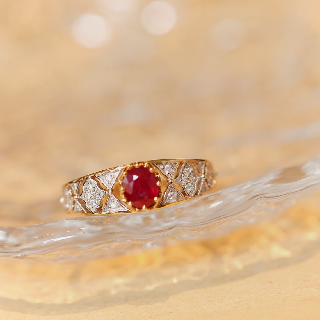 14k Gold 0.66 Ctw Natural Ruby & Diamond Ring: Ref:231112369 // gold content:14k gold // ring size:7. 25us // // main gemstone:ruby // shape:oval // carat weight:0. 55ct // color:red // treatment:natural // // adjacent gemstone 2 : diamond //